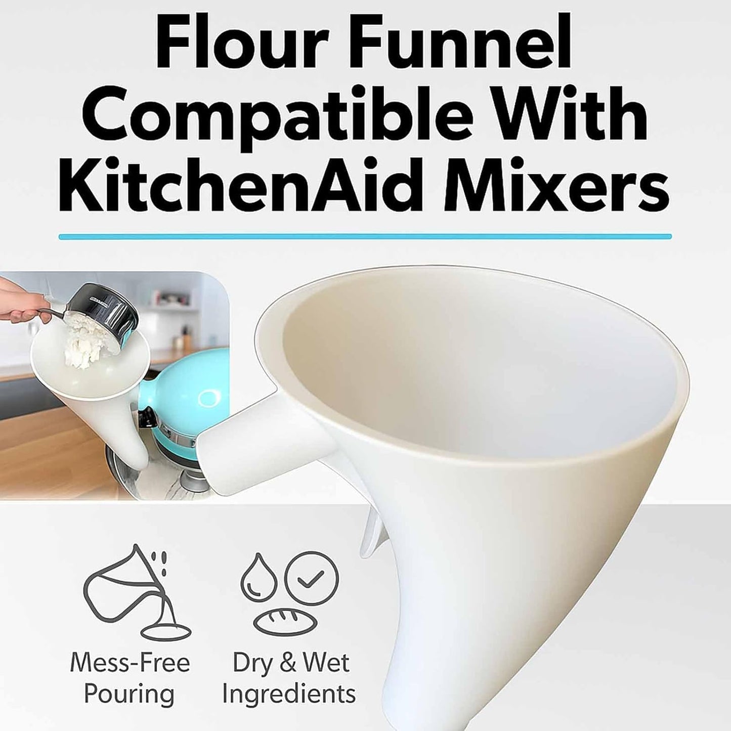 2 Pcs Flour Funnel for Kitchen Aid Mixer, for Kitchen Aid Artisan Ksm150 5-Quart Tilt-Head Stand Mixer, Plastic Powder Funnel with Easy-Pour, Prevents Spills and Messes