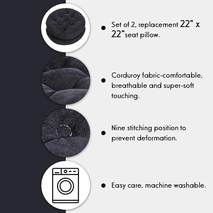 Tiita Seat Cushion Round, Hanging Chair Cushions, Floor Cushion 22 Inch Set of 2, Throw Pillows Indoor/Outdoor (Black, 22 x 22 x 4 Inches)