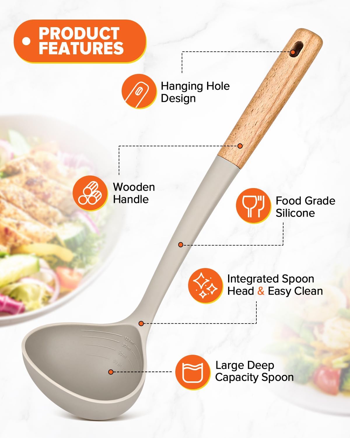 Pasta Fork and Ladle Set, Perfect for Serving Hot Soup, Stirring, and Sauce Pasta, BPA-Free Matte Silicone, Wood Handle Spaghetti Spoon for Nonstick Cooking Surfaces (Khaki)
