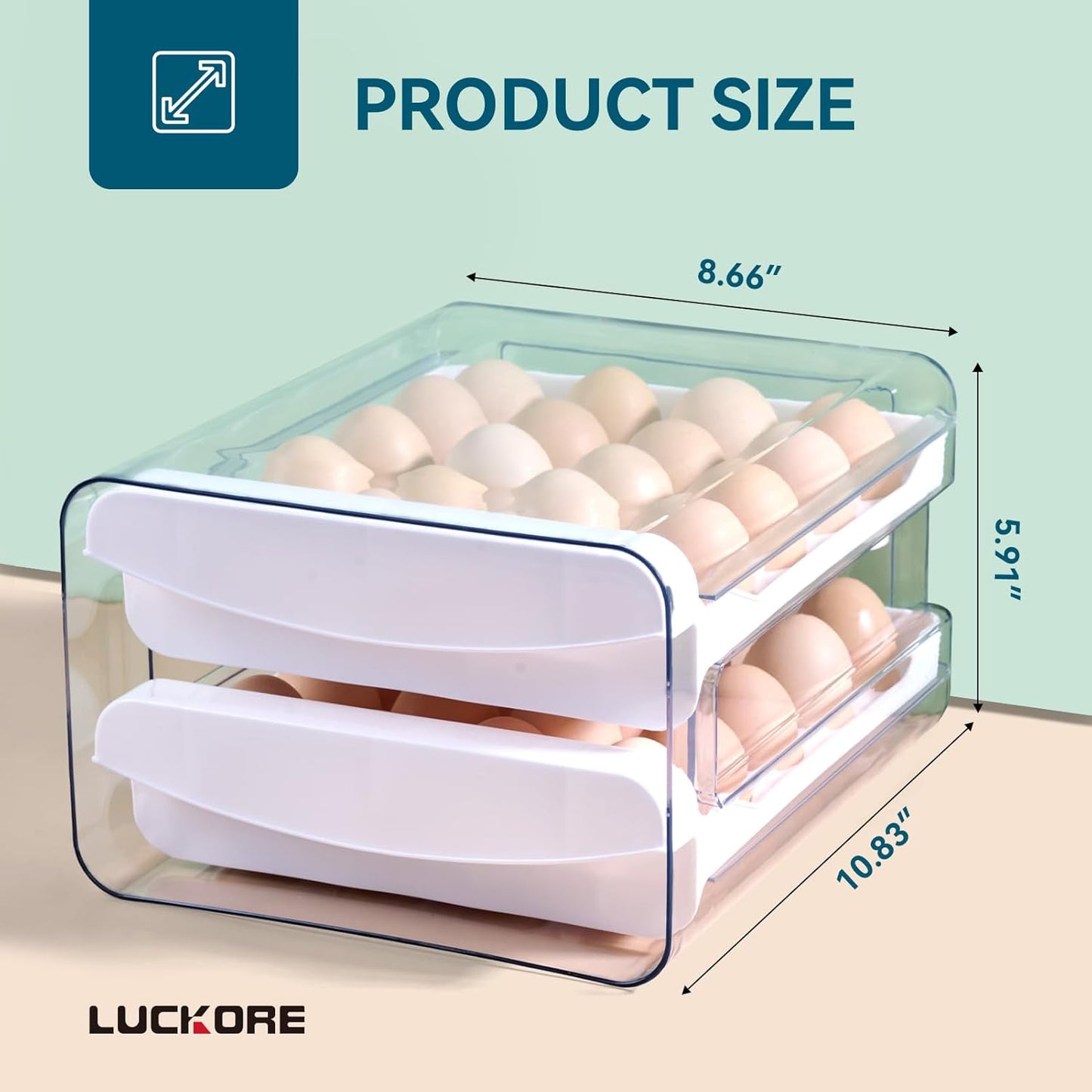 Egg Container Holders Dispenser for Refrigerator 40 Eggs, 2 Tier Clear Stackable Holder Tray with Drawer for Fridge, Storage Container with Handles for Refrigerator, Countertop