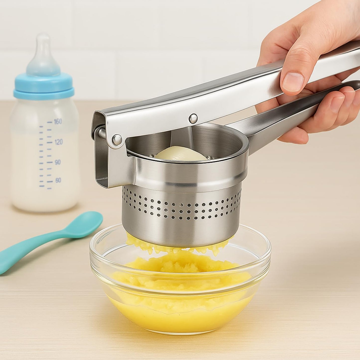 Stainless Steel Potato Ricer and Masher – Heavy Duty Manual Press for Smooth Mashed Potatoes, Baby Food, Vegetables, Garlic – Ergonomic Non-Slip Handle Kitchen Tool for Cooking Prep