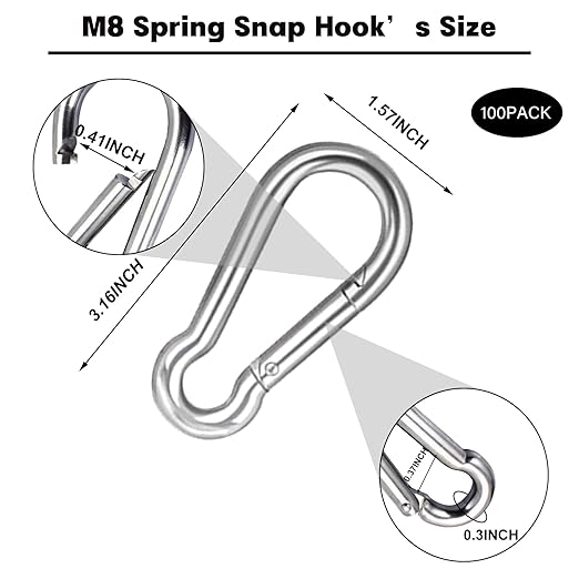 100 PCS 3'' Spring Snap Hook Carabiner, M8 5/16 Inch Galvanized Silver Steel Carabiner Clip, 500LBS Holding Capacity Quick Link Clip Keychain for Hammock Dog Leash & Camping Gym