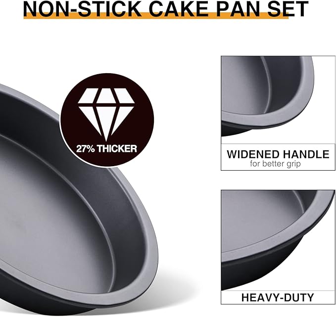 HONGBAKE Round Cake Baking Pan, 8 Inch, Shallow Cookie Pans, Layer Cake Pans with Wider Grips, Nonstick Circle Pizza Tin, Huty Duty, Dishwasher Safe, 2 Pieces- Grey