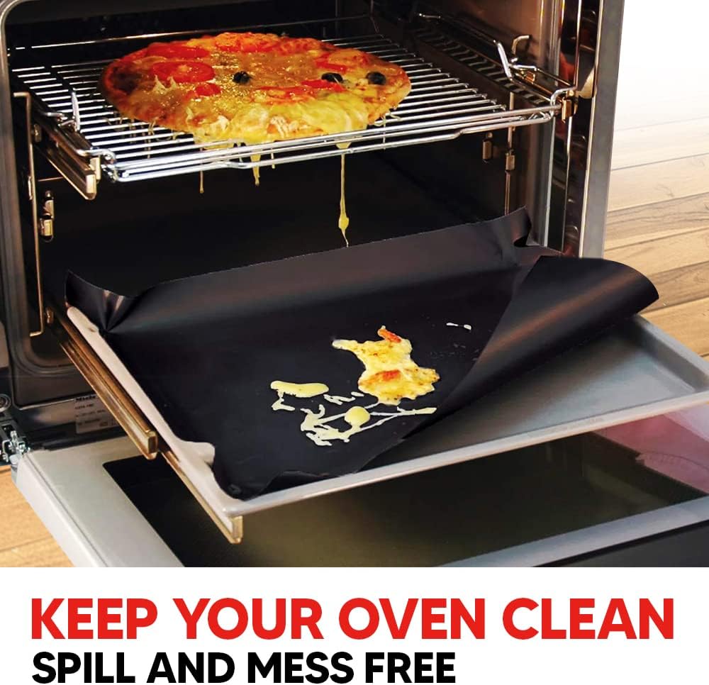 Oven Liners for Bottom of Oven Black (4-pack) Bundled with Range Rack Shield (4-pack) - Large Mat for Bottom of Range (17"x 25") and 14" Red Stove Guards for Racks - Reusable & Heat Resistant