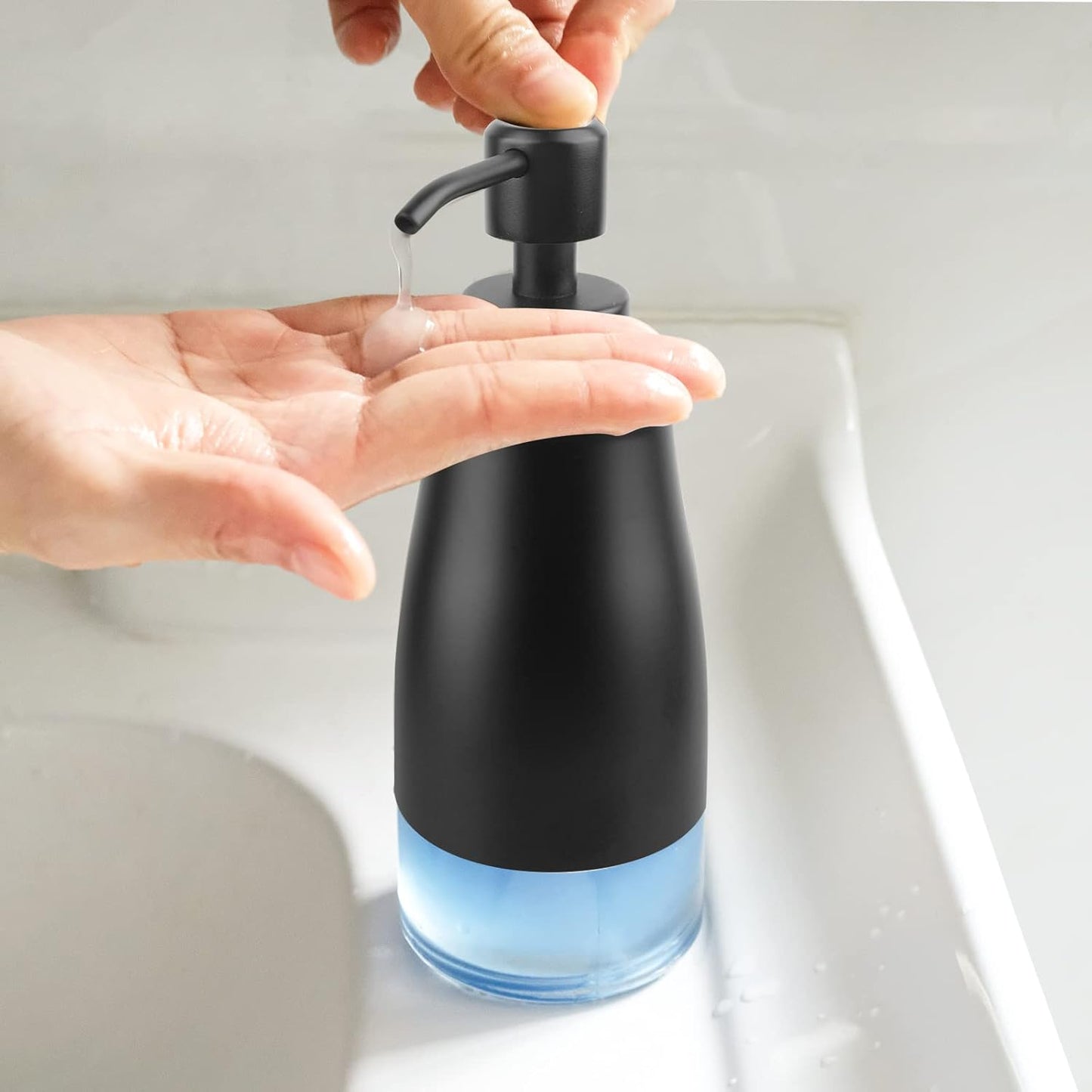 Soap Dispenser with Stickers, Stainless Steel Case Glass Liner Hand Pump Dispenser, Refillable Dish Soap Dispenser for Kitchen Bathroom, Decorative Liquid Hand Soap Dispensers Matte Black(10 OZ)