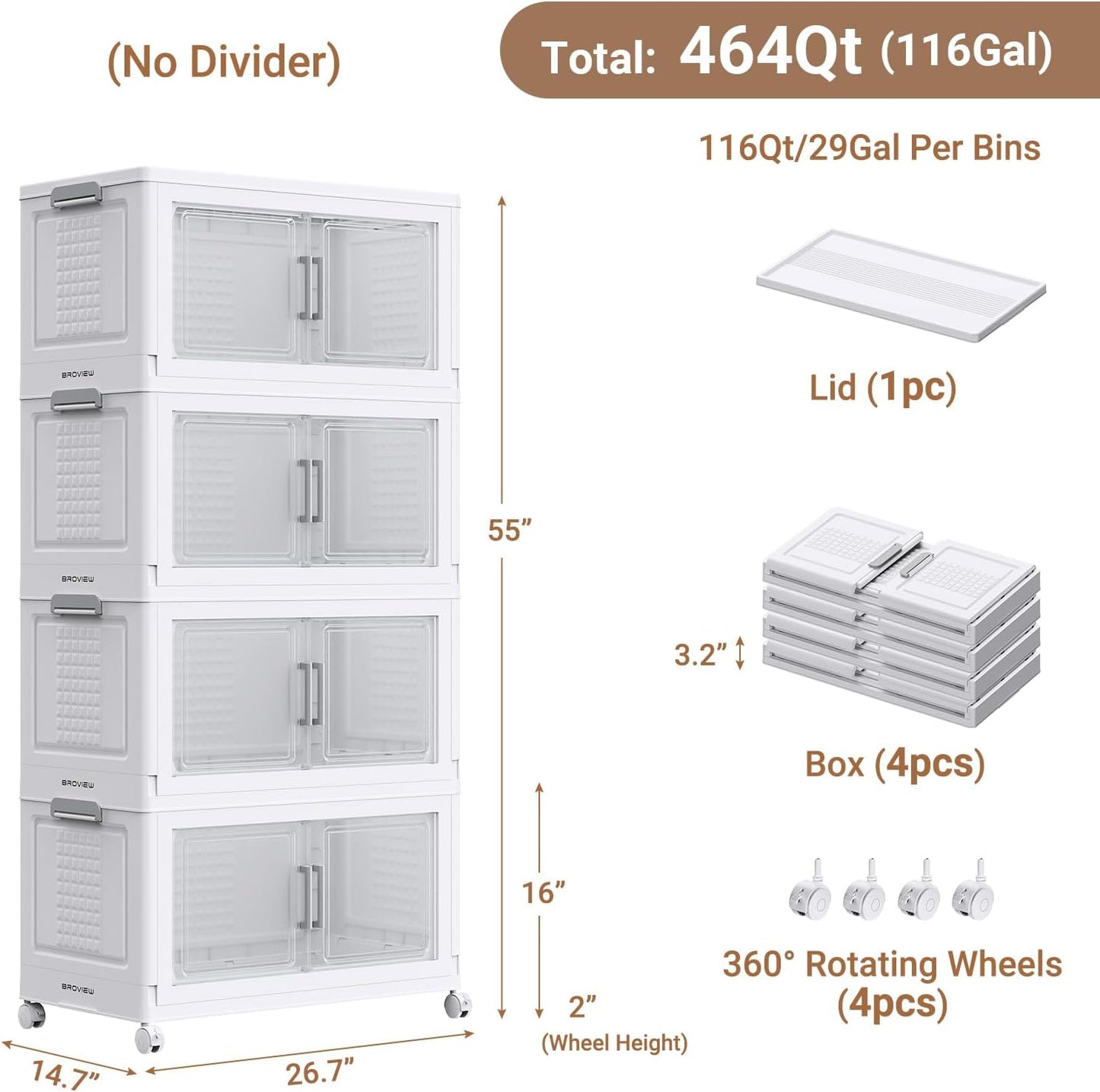 55" H 116Gal Plastic Storage Bins with Lid & Wheels,4Pack Large Stackable Storage Bins with Doors,Closet Organizers and Storage Cabinet Shelves Collapsible Box for Home Kitchen,White