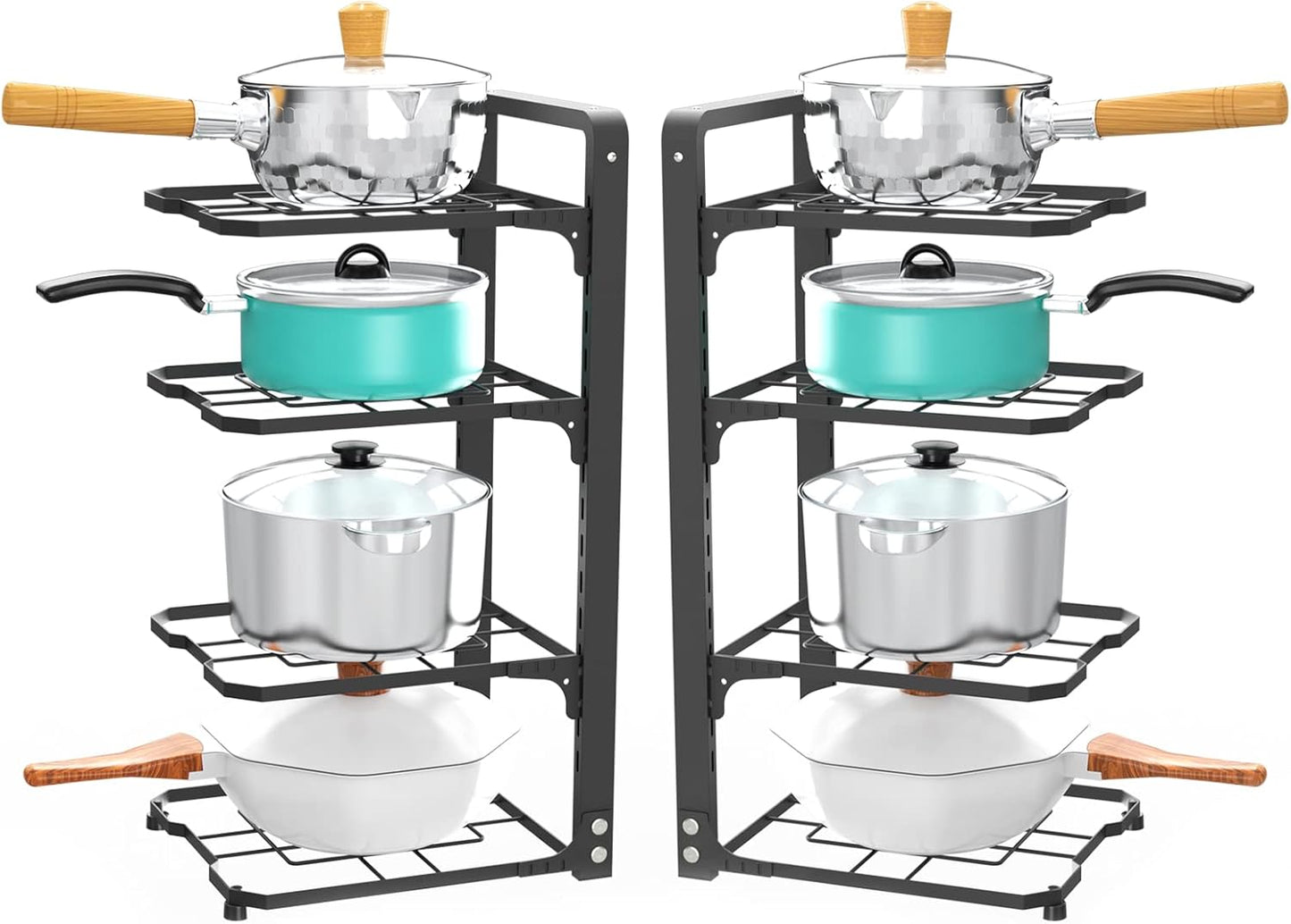 2 Pack Pot and Pan Organizer Rack, Heavy Duty Carbon Steel, Adjustable Tiers, Rustproof, Space Saver