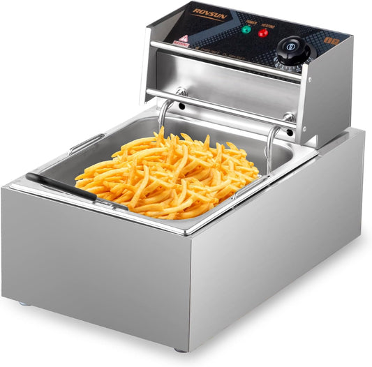 ROVSUN 11.4QT Electric Commercial Deep Fryer with Basket & Lid, Countertop Kitchen Frying Machine, Temperature Adjustable Stainless Steel French Fryer for French Fries Donuts Onion Rings 2500W