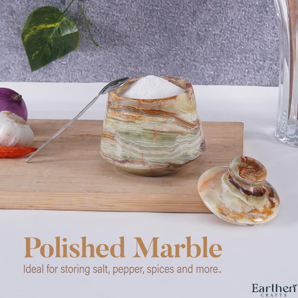 Marble Salt Cellar With Lid & Spoon Green Onyx 4" Salt Box, Stone Salt Container & Spice Jars, Stone Salt Holder for Counter, Spice Jar & Salt Jar
