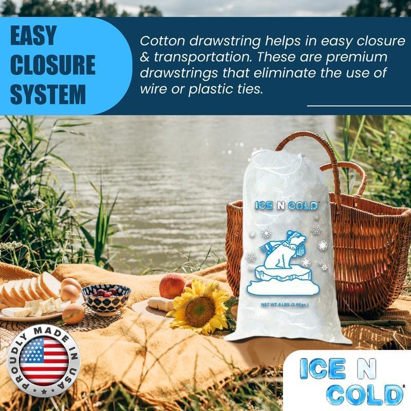 Ice Bags with Drawstring Closure | 10lb, 200ct/cs | 41 mic Thickness | Portable Storage and Freezer Keeper