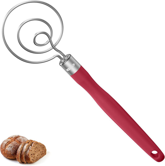 U-Taste 12.6in Danish Dough Whisk: 18/8 Stainless Steel Heavy-Duty Sourdough Mixer Tool, Food Grade Dutch Style Seamless Bread Wisk, Sturdy for Mixing, Stirring, Pressing, Kneading Thick Batter (Red)