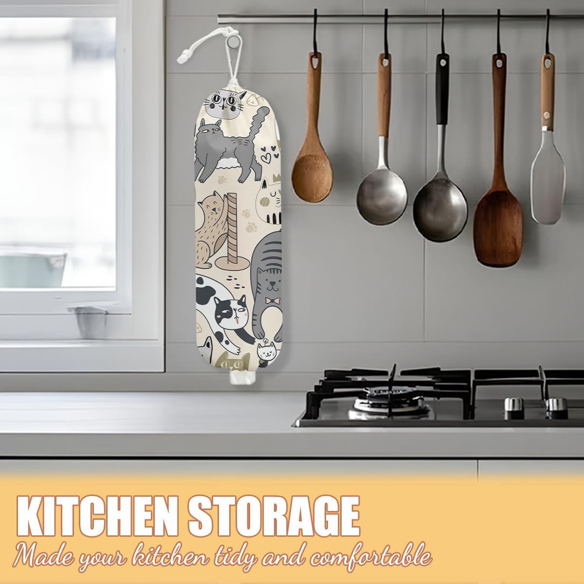 Cat Plastic Bag Holder, Wall Mount Grocery Bag Holder, Plastic Storage bag, Pull Rope Free Adjustment, Plastic Bag Holders for Grocery Bags, Plastic Bag Dispenser for Home Kitchen Travelling