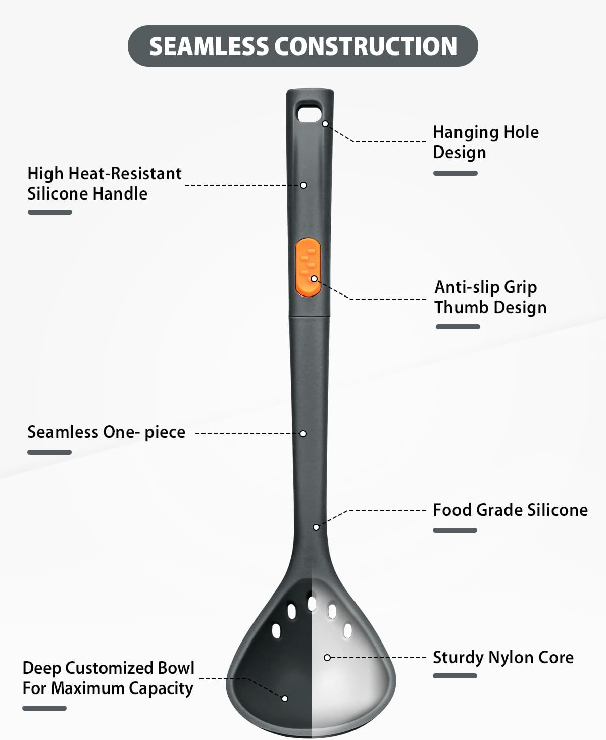 Silicone Pasta Fork and Ladle Spoon Set, Large Non Stick Kitchen Utensils for Cooking,Stirring,One Piece Serving Spaghetti, Soup, Sauce (GREY)