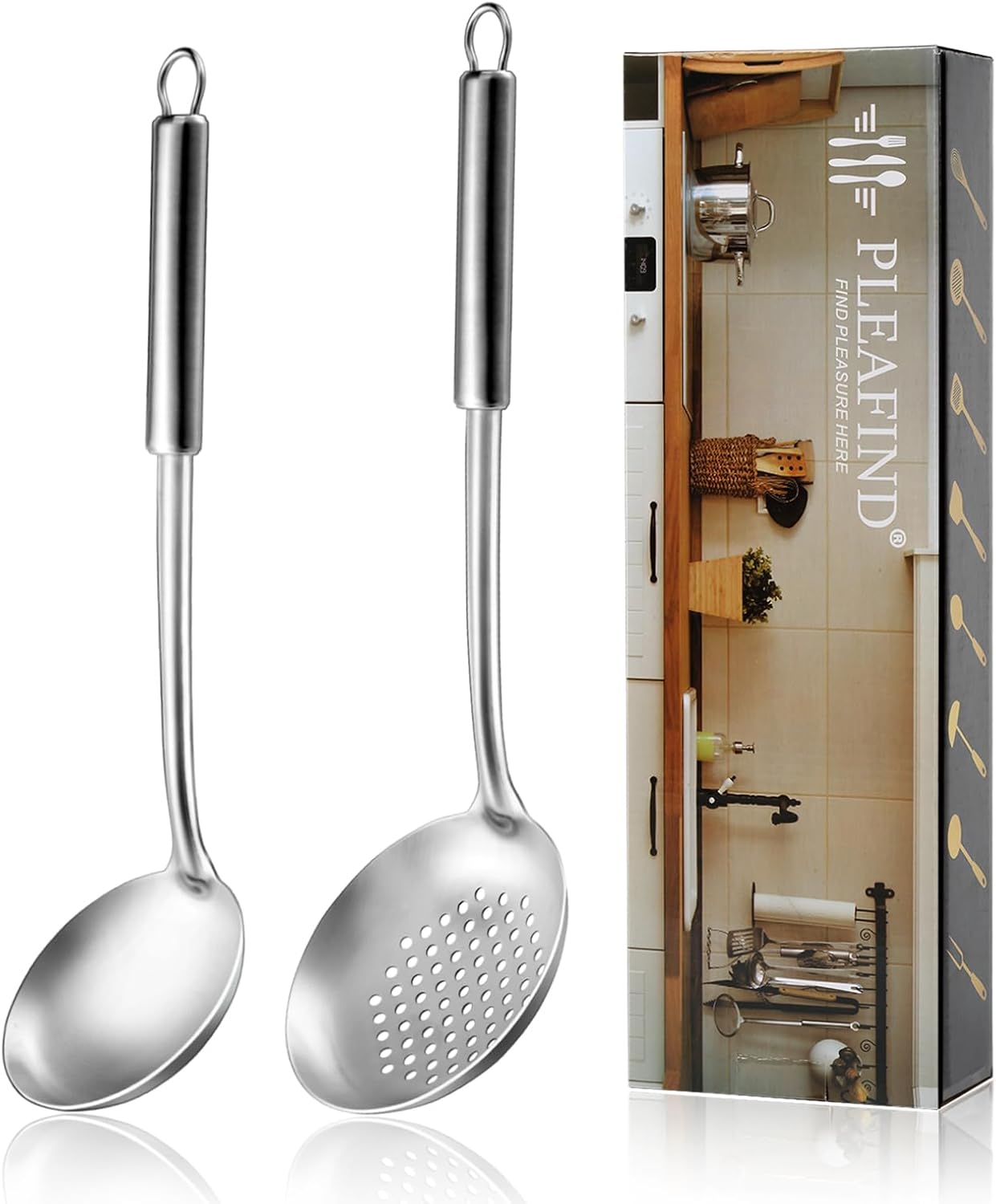 Pleafind 2-Pcs Ladle and Slotted Spoon, Soup Ladle and Strainer Spoons, Stainless Steel Cooking Spoon and Skimmer Spoons, Kitchen Utensils, Wok Utensils for Home and Restaurant, Dishwasher Safe