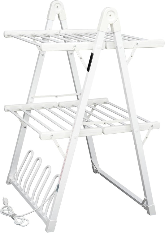 Electric Heated Clothes Drying Rack,Foldable Heated Garment Dryer with Timer Shut-Off Laundry Rack for Clothes Shoes Socks,Aluminum Alloy,White,Plug & Play,(39.37x25.98x23.82in)