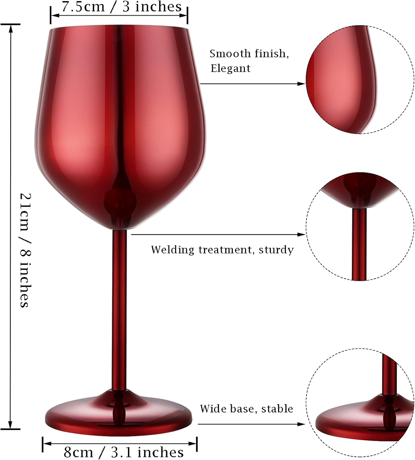 Stainless Steel Wine Glasses Set of 4 Unbreakable Wine Glass 18 oz Unique Metal Wine Goblets for Outdoor, Travel, Camping, Pool, Ideal Gift for Wine Lovers (Mirror-Red)