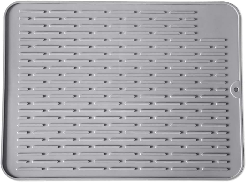 Silicone Dish Drying Mat for Multiple Usage,Easy clean,Eco-friendly,Super Sturdy Silicone Dish Drying Mat and Trivet, Dishwasher Safe, Heat Resistant (Gray, M 15.7×11.8inch)