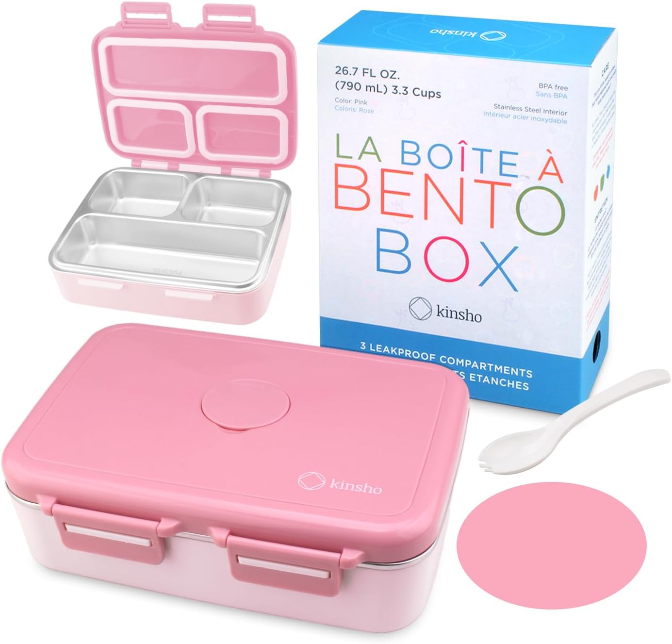Stainless Steel Bento Box Lunch Container for Kids Adults with Removable Tray, Leakproof Silicone Seals, BPA Free 26 oz/790 mL (Pink)