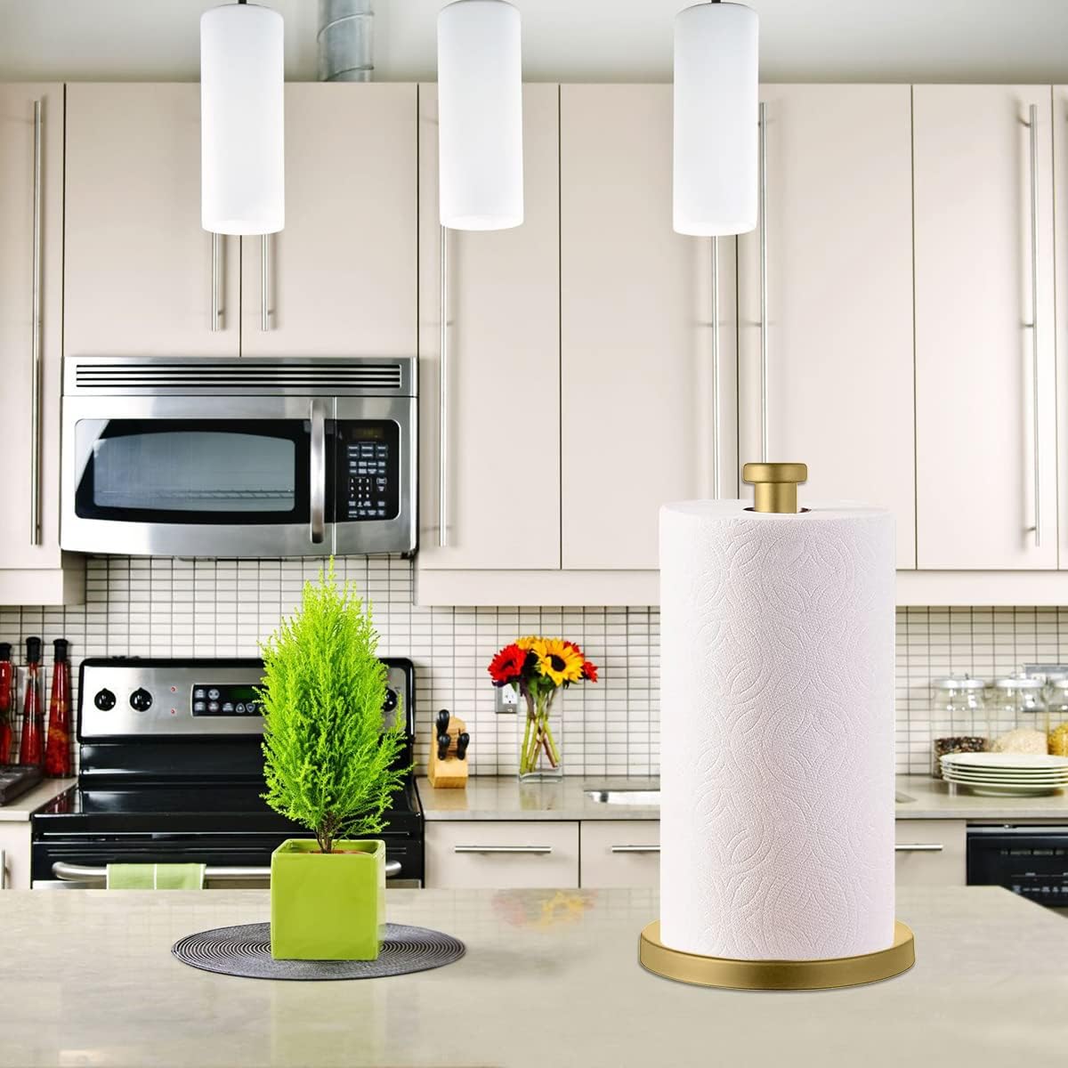 Stainless Steel Gold Paper Towel Holder Countertop for Kitchen Bathroom, Standing Paper Towel Holder with Weighted Base.