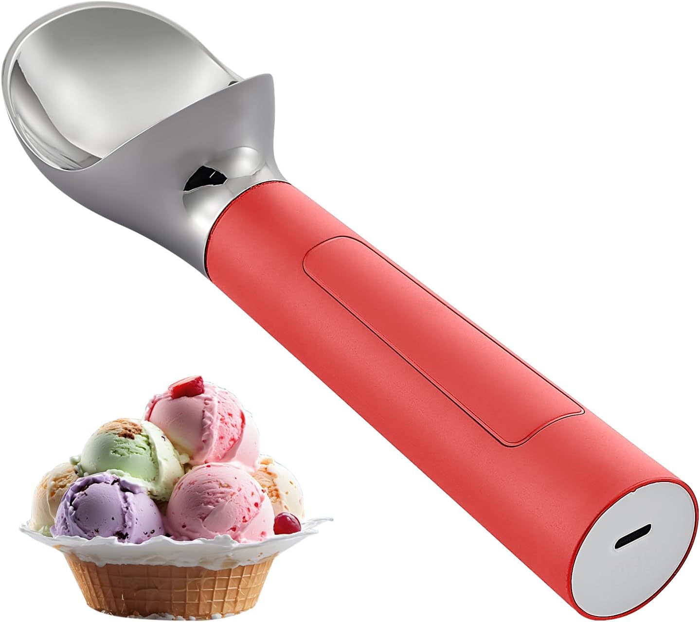 Heated Ice Cream Scoop Rechargeable, Electric Warming Ice Cream Scooper with LED Display, Heats to 158°F for Hard Ice Cream, IP67 Waterproof (Red, 2 oz)