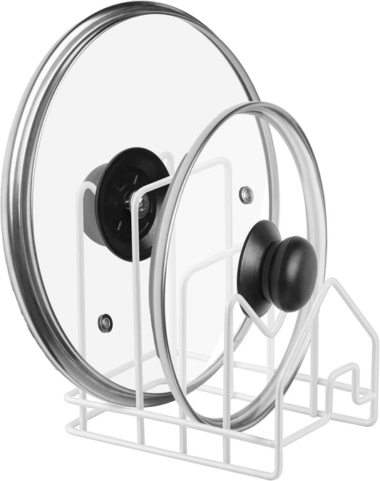 Poeland Kitchen Pot Lid Organizer, Pan Rack with 4 Compartments, Pantry Organizer Rack for Dinnerware, Bakeware, Cookware, Cutting Boards, Pan Lids (Small Size, White)