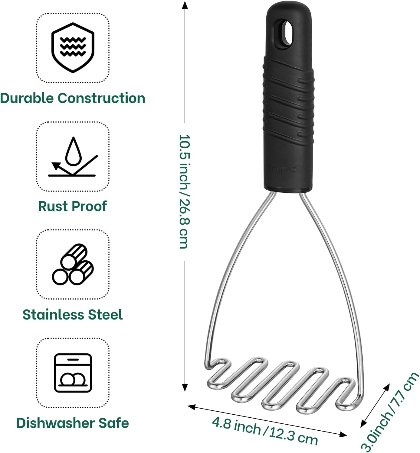Beneno Stainless Steel Wire Potato Masher, Heavy Duty Sturdy Easy Grip Masher Kitchen Tools with Non-Slip Soft Rubber Handle, Effortless Mashing Tool for Potatoes, Avocados, Dishwasher Safe, Rustproof