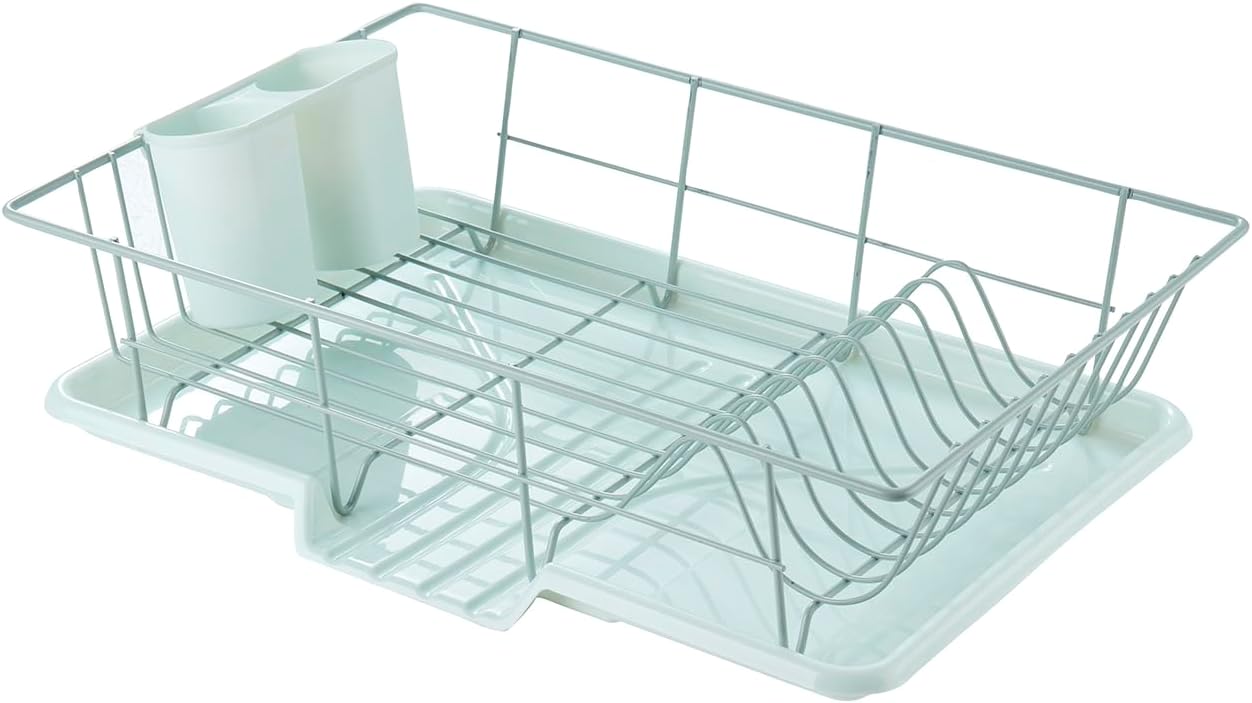 Sweet Home Collection Space-Saving 3-Piece Dish Drainer Rack Set: Efficient Kitchen Organizer for Quick Drying and Storage - Includes Cutlery Holder and Drainboard - Maximize Countertop Space, Mint
