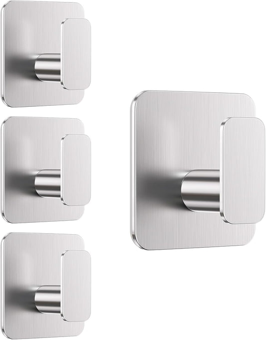 Silver Hooks for Hanging Heavy Duty, Adhesive Hooks for Shower, Bathroom, Kitchen, Robe, Towel, Coat, Waterproof & Rustproof Hook for Walls No Damage, Stainless Steel Sticky Hook - 4 Pack