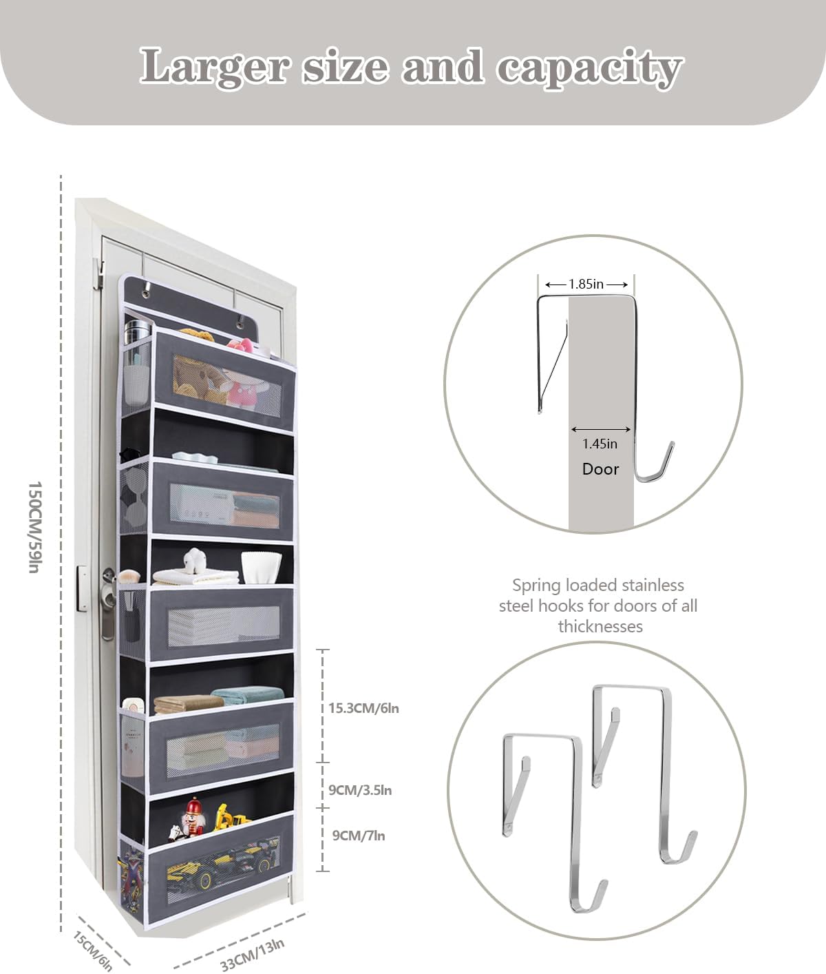 Over The Door Organizer 44LB Capacity with 5 Large Pockets & 10 Mesh Side Pockets, Clear Window Anti-Tilt Hanging Storage for Nursery, Bathroom, Pantry - Dark Grey, 1 Pack