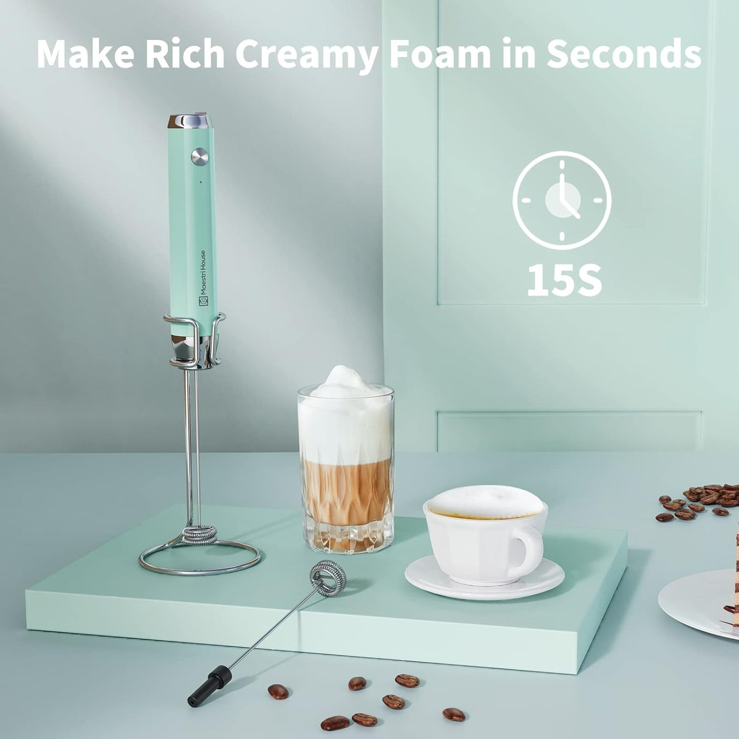 Maestri House Rechargeable Milk Frother with Stand, LunaFro Handheld Electric Foam Maker Waterproof Detachable Stainless Steel Whisk Drink Mixer Foamer for Lattes, Cappuccino