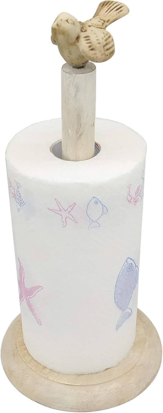 Bird Design Shabby Whitewashed Wood Paper Towel Holder Stand Up Paper Towel Holder, Easy One-Handed Tear Kitchen Paper Towel Dispenser with Weighted Base for Standard Paper Towel Rolls