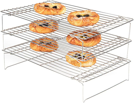 Restaurantware Met Lux 15.7 x 9.8 x 8.3 Inch Wire Baking Rack Set 1 Dishwashable Oven Wire Rack Set - 3-Tier Design Oven-Ready Up To 575F Stainless Steel Cooling Rack Set With Collapsible Feet