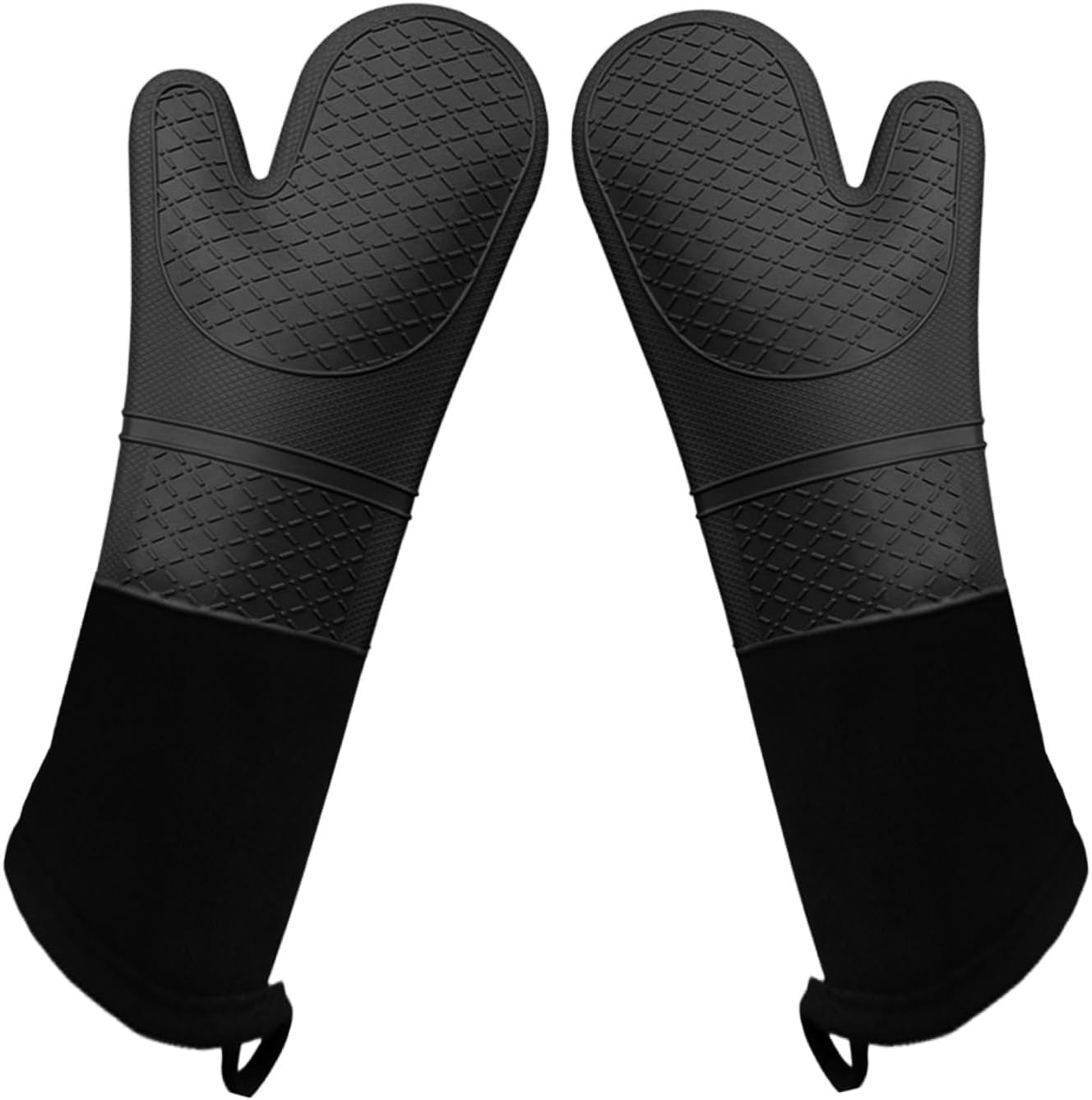 Extra Long Silicone Oven Mitts Heavy Duty Commercial Grade Oven Mitts Heat Resistant BBQ Gloves with Quilted Cotton Lining 2 Pack (Black)