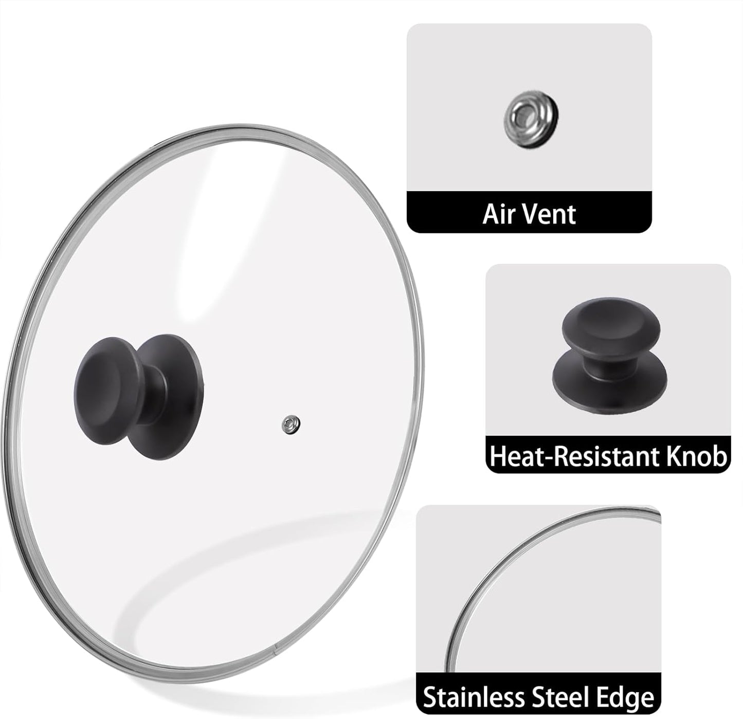 11 inch Tempered Glass Lid for Pots, Frying Pans and Skillets, Replacement Cover with Heat Resistant Black Knob Handle, Dishwasher Safe
