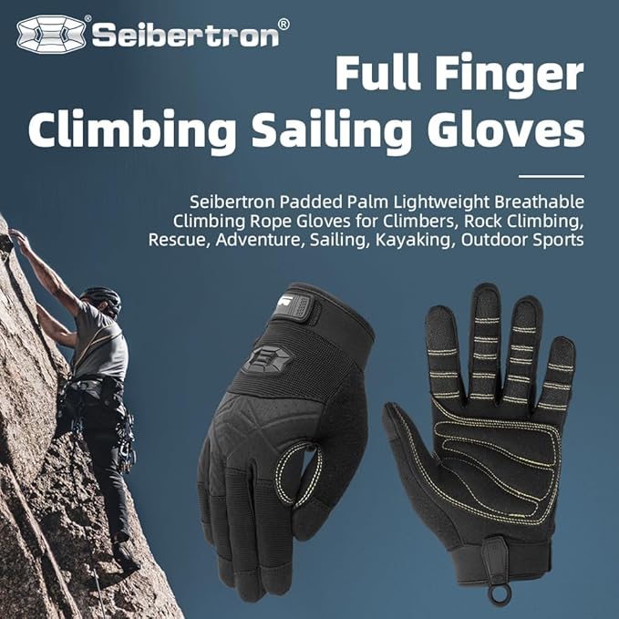 Seibertron Full or Half Finger Padded Palm Lightweight Breathable Climbing Rope Gloves for Climbers, Rock Climbing, Rescue, Adventure, Sailing, Kayaking, Outdoor Sports