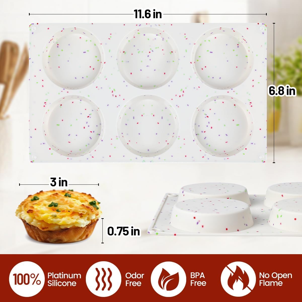 CAKETIME Muffin Top Pan, Silicone Egg Molds for Breakfast Sandwiches 3 Inch Round Baking Pan for Oven English muffins, Whoopie Pies, Corn Bread, Egg bites, Tarts 4 Pack Confetti