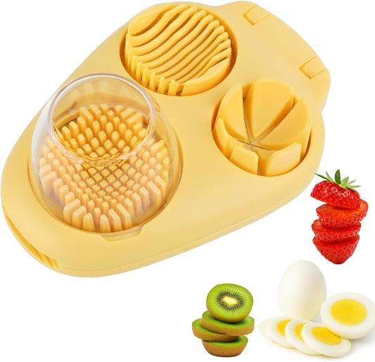 3 In 1 Egg Slicer, Stainless Steel Multipurpose Egg Cutter, 3 Way Egg Dicer for Hard Boiled Eggs, Grape and Tomato Chopper for Strawberry, Salad, Fruit and Vegetable (Yellow)