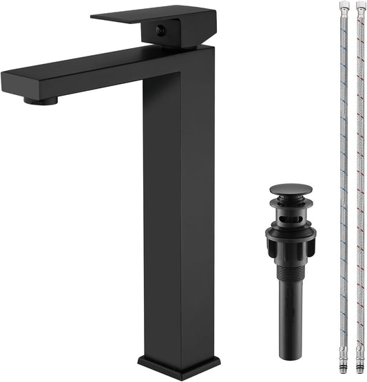 Matte Black Bathroom Faucet Single Handle 1 Hole Tall Bathroom Vessel Sink Faucet, 304 Stainless Steel Modern Vanity Faucet Basin Mixer Tap with Water Supply Hose and Pop Up Sink Drain