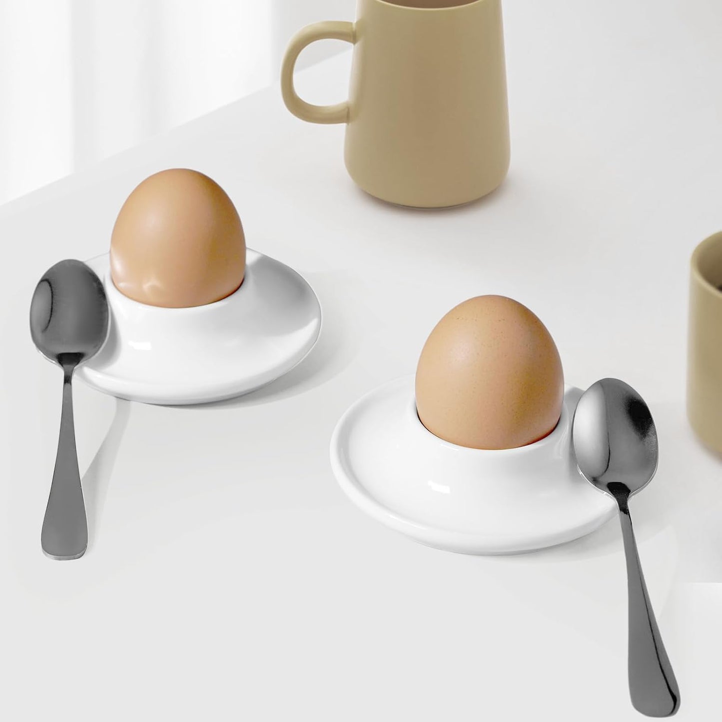 Cinf Ceramic White Egg Holder Set of 2 Porcelain Holder With 2 Stainless Steels Egg Spoons Breakfast Boiled Cooking Easy to Clean Childhood Memories Kitchen