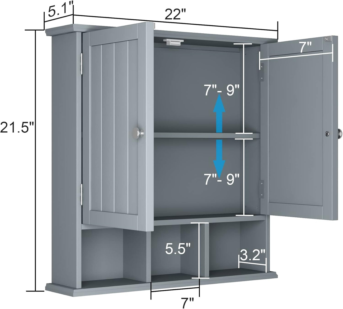 ChooChoo Bathroom Cabinet Wall Mounted 2-Door with 3 Open Shelves, Wooden Medicine Cabinets with Adjustable Shelf, Space Saver Storage Cabinets Over The Toilet for Bathroom&Living Room, Grey