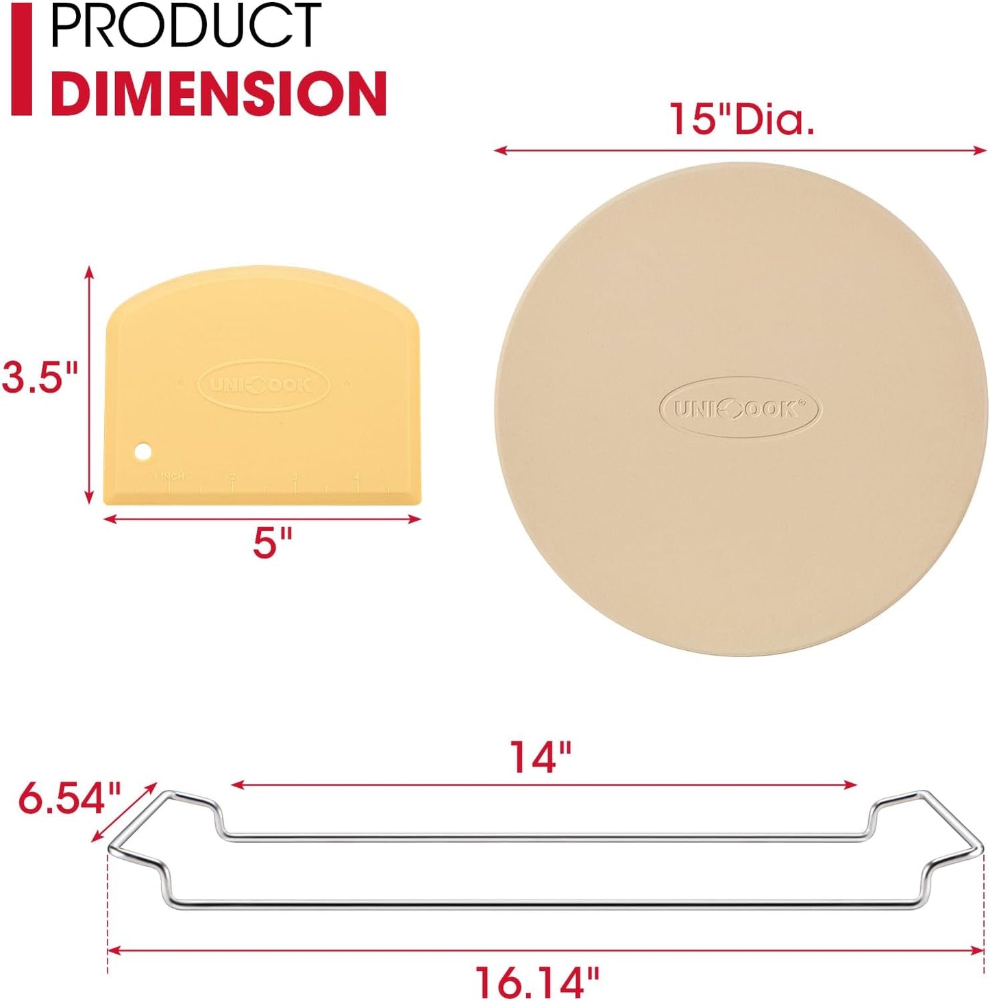Unicook 15 Inch Round Pizza Stone for Oven and Grill, Oven Baking Stone for Bread, Cordierite Pizza Pan for Baking Crispy Bread, Pie and Cookies, Includes Carry Rack and Dough Scraper