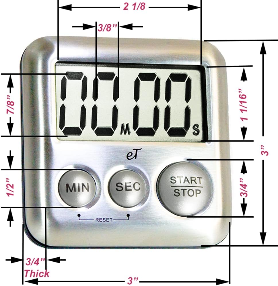 Elegant Digital Kitchen Timer Stainless Steel - Silver - Strong Magnetic Back - Kickstand - Loud Alarm - Large Display - Auto Memory - Auto Shut-Off - Model eT-26 (Silver 6-Pack) by eTradewinds