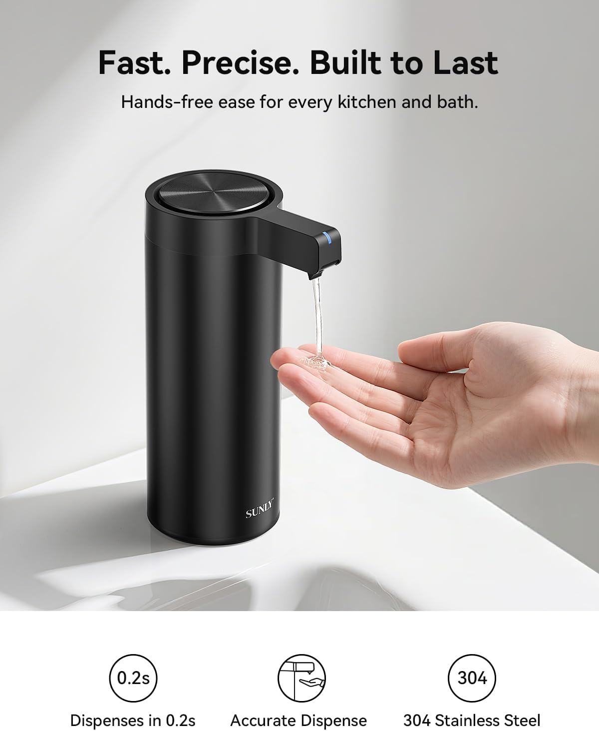 SUNLY Touchless Automatic Soap Dispenser – Clog-Free Pump, 0.2s Fast Sensor, USB-C Rechargeable, Smudge-Resistant Stainless Steel, for Kitchen & Bathroom Soap Dispenser, Black