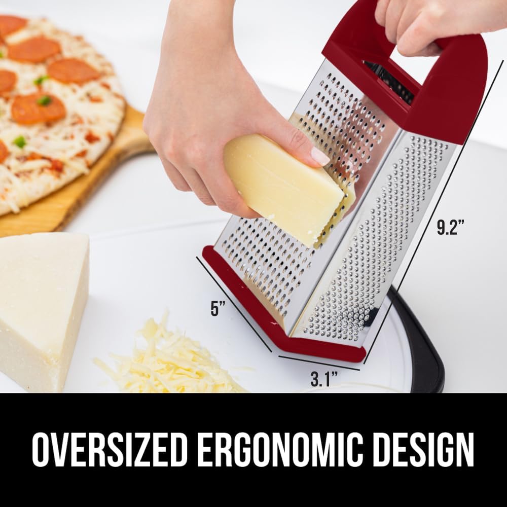 GORILLA GRIP 4-Sided 100% BPA-Free Cheese Grater With Container, Stainless Steel XL Box Graters, Parmesan Shredder, Grate Cheeses, Shred Veggies, Slip Resistant Handle, Dishwasher Safe Zester, Red
