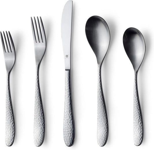 Matte Silverware Set, 18/10 Stainless Steel Satin Flatware, Modern Brushed Finish Cutlery, Dishwasher Safe & Durable, Built to Last (40-Piece, Marettimo Hammered)