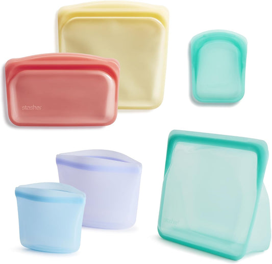 Stasher Premium Silicone Reusable Food Storage Bags, 6-Pack, Rainbow, Multi-Use Food Storage Bags, Lunch Bag, Travel Containers, BPA Free, Leak-free, Dishwasher-Safe, Eco-friendly