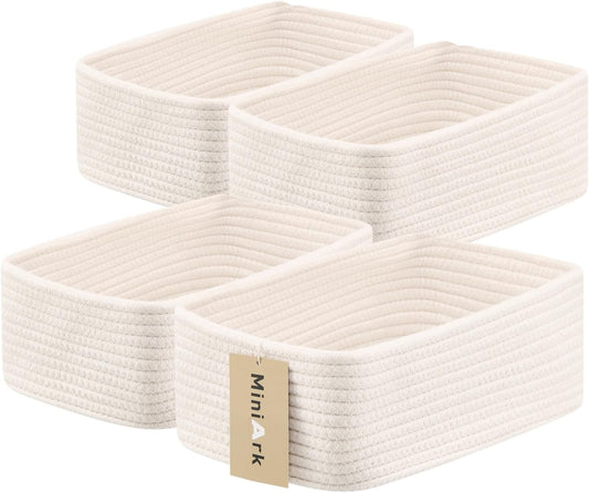Small Storage Baskets for Organizing | Closet Organizer Bins | Shelf Toy Basket | Woven Rope Baskets | Cube Decorative Box | Shallow Basket | 11.5x7.5x4.7” | 4 Packs Off White