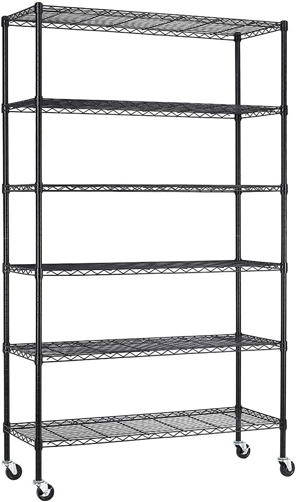 FDW 48"L×18"W×82"H Wire Shelving Unit Storage Cart Metal Shelf Rolling Utility Cart 2100Lbs Capacity with 6 Tier Casters Adjustable Layer Rack Strong Steel for Restaurant Garage Pantry Kitchen,Black