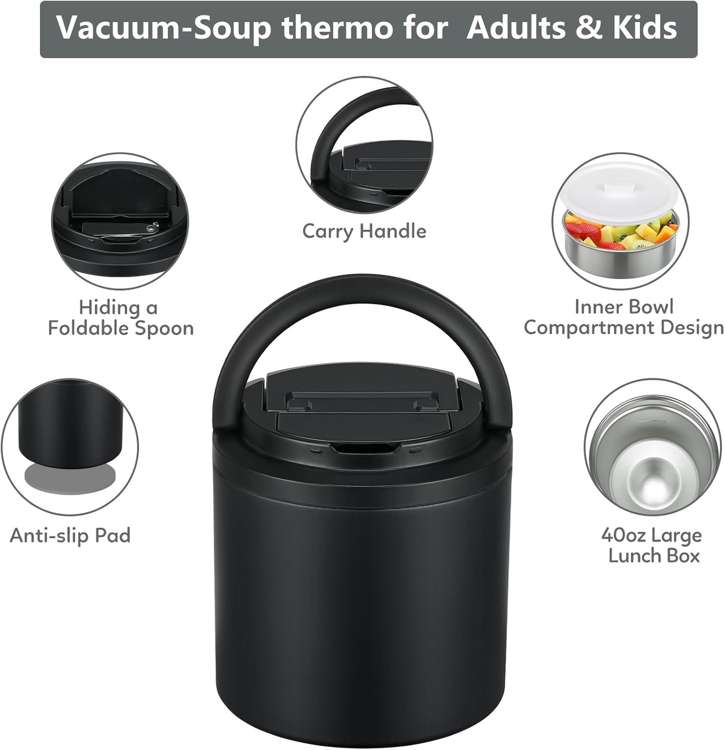 Soup Thermo for Hot Food Adults 40oz Lunch Containers Wide, Thermo Insulated Containers Leak Proof Vacuum Stainless Steel With Carry Handle and Spoon BPA Free (black)