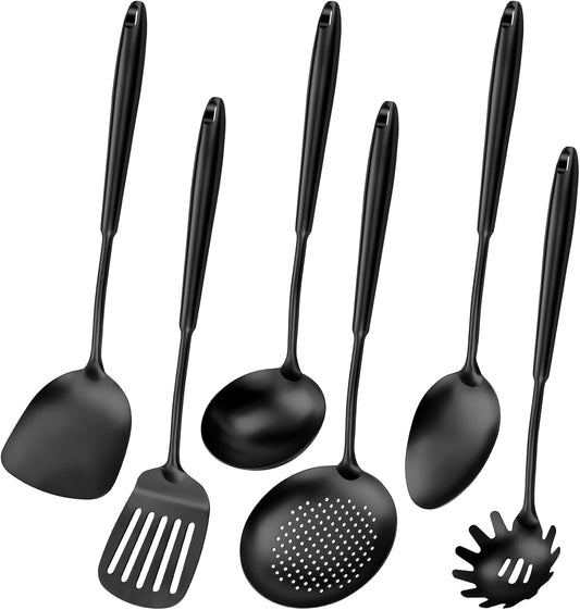 304 Stainless Steel Cooking Utensils,6 Pcs Kitchen Cooking Utensils Set with Spatula, Solid Spoon, Ladle, Skimmer, Spaghetti Spoon,Dishwasher Safe(Black)